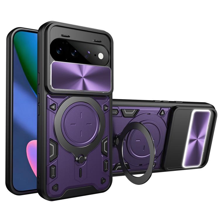 Purple textured phone case with sliding camshield cover and purple magnetic ring holder.