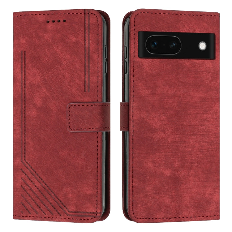 Red leather folio phone case with geometric stripe pattern, card slot, side cutouts