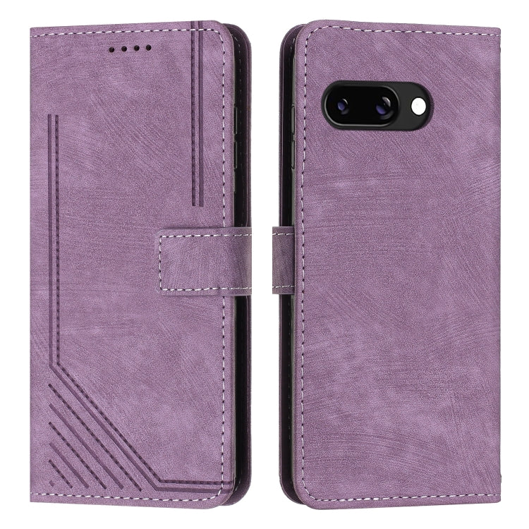Purple leather folio phone case with geometric stripe pattern, card slot, side cutouts