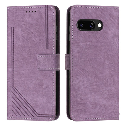 Purple leather folio phone case with geometric stripe pattern, card slot, side cutouts