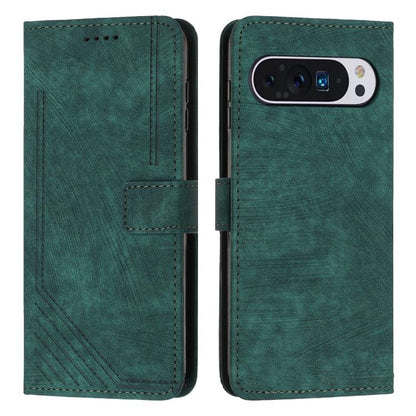 Green leather flip phone case with card slot and stitched stripe pattern