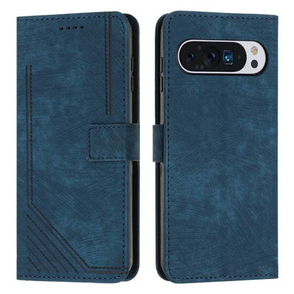 Blue leather flip phone case with card slot and stitched stripe pattern