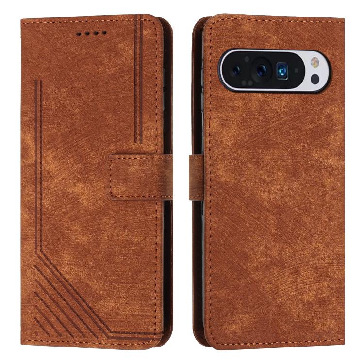 Brown leather folio phone case with stripe texture, stitched card slot and camera cutout