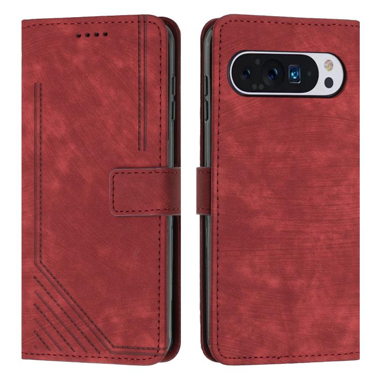 Red leather folio phone case with stripe texture, stitched card slot and camera cutout