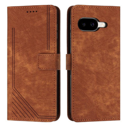 Leather flip phone case with stripe pattern and card slot, brown with tan stitching