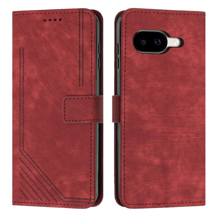 Leather flip phone case with stripe pattern and card slot, red with dark red stitching