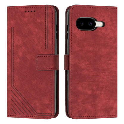 Leather flip phone case with stripe pattern and card slot, red with dark red stitching
