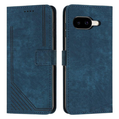 Blue leather folio phone case with stripe texture, stitched card slot and button cutouts