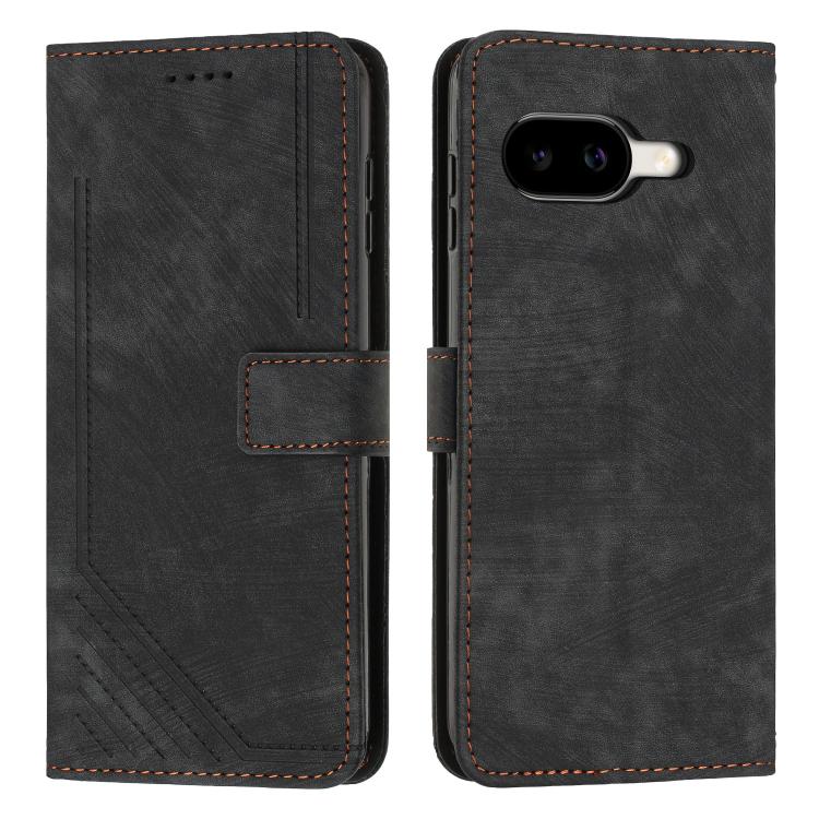 Black leather folio phone case with stripe texture, stitched card holder and device cutouts