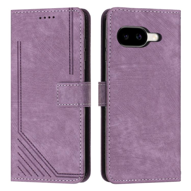 Purple leather folio phone case with stripe texture, stitched card slot and camera cutout