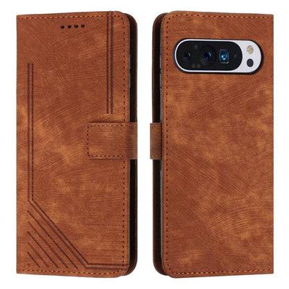 Brown leather folio phone case with geometric stripe pattern, card slot, camera opening