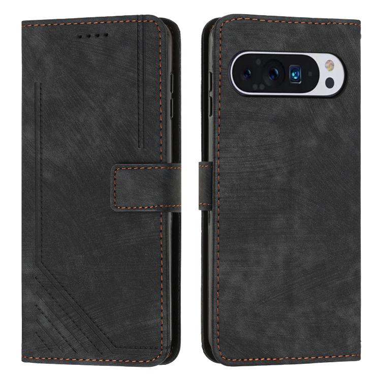 Leather flip phone case with stripe pattern and card slot, black with brown stitching