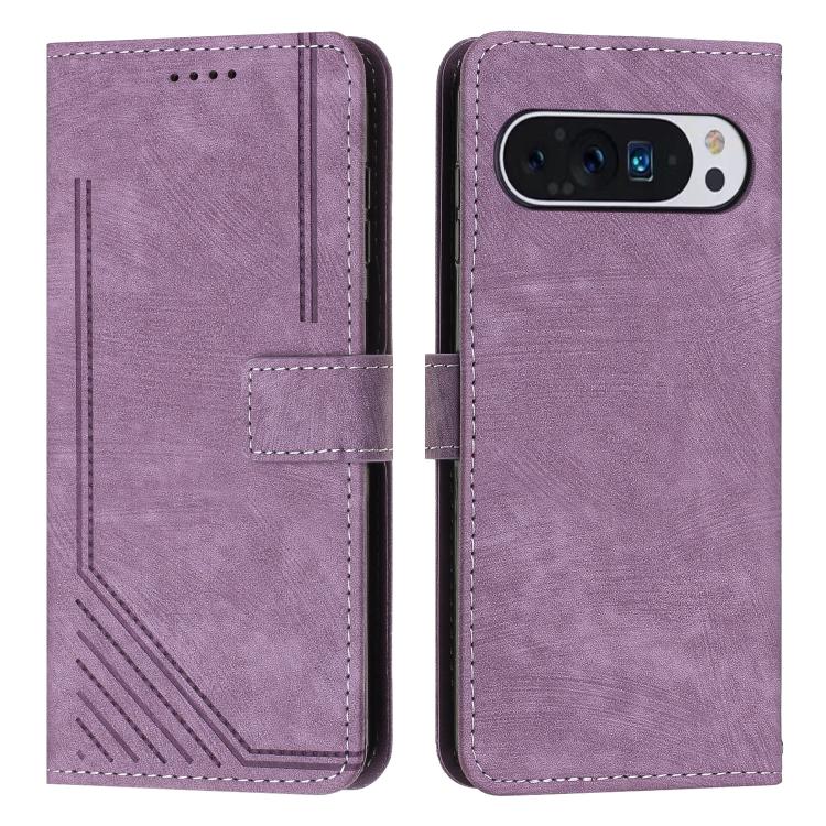 Leather flip phone case with stripe pattern and card slot, purple with light purple stitching
