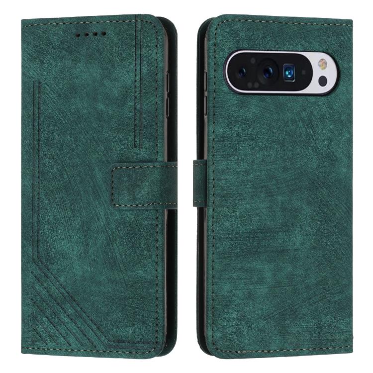 Leather flip phone case with stripe pattern and card slot, green with dark green stitching