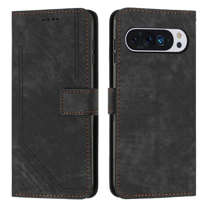 Leather flip phone case with stripe pattern and card slot, black with brown stitching