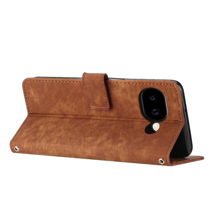 Brown leather flip phone case with kickstand angle and camera cutout