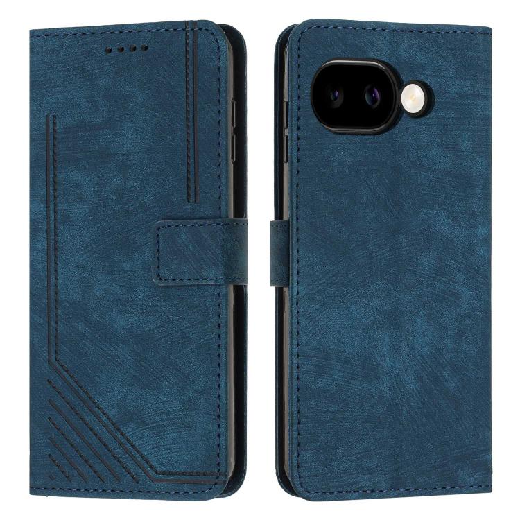 Blue leather folio phone case with geometric stripe pattern, card slot, side cutouts