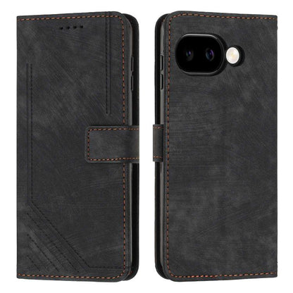 Black leather folio phone case with geometric stripe pattern, card slot, side cutouts