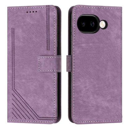 Purple leather folio phone case with geometric stripe pattern, card slot, camera opening