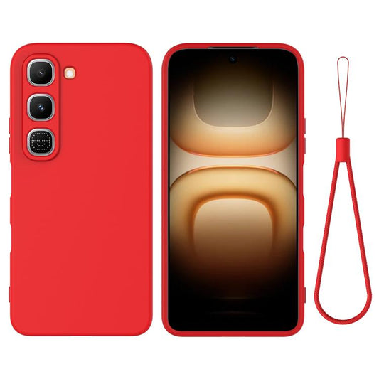 Red liquid silicone phone case with camera cutouts and lanyard loop