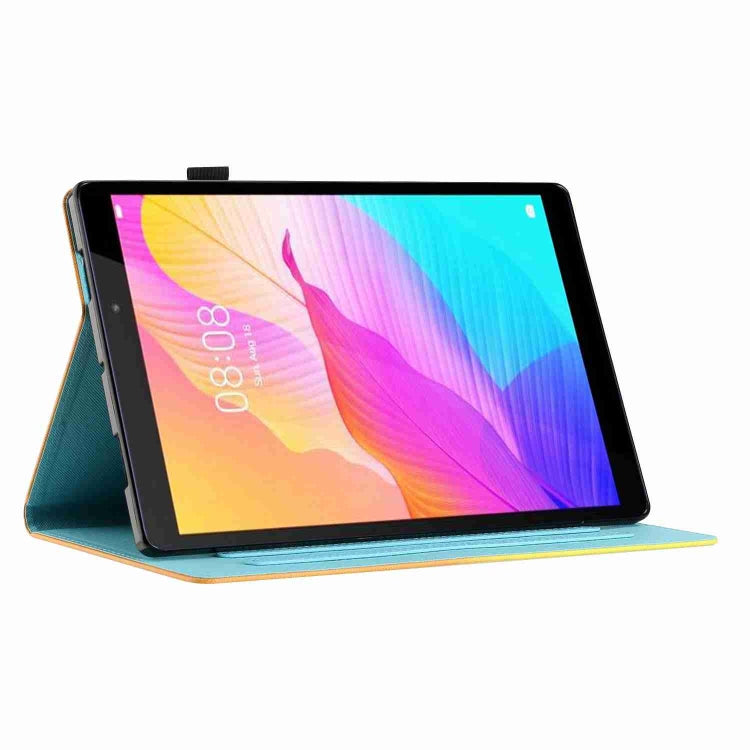 Tablet case with folio stand holding a tablet displaying colorful waves