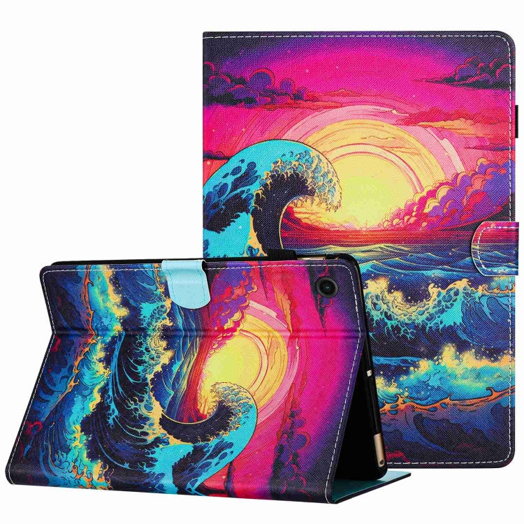 Surreal ocean wave painted leather tablet case with foldable stand and magnetic flap