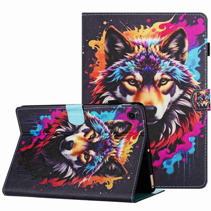 Neon wolf and splash painted leather tablet case with foldable stand and magnetic strap