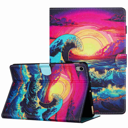 Vibrant ocean wave scene painted leather tablet case with foldable stand and magnetic flap