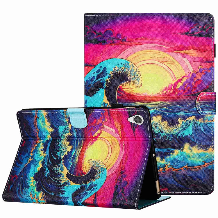 Smart leather tablet case with colorful ocean wave sunset art and fold stand