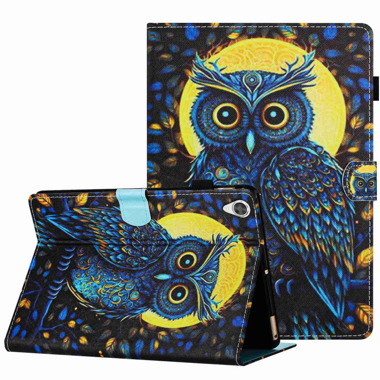 Smart leather tablet case featuring a blue owl motif and hands-free fold stand