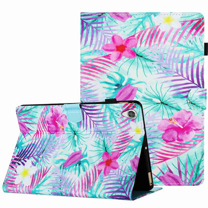 Smart leather tablet case with pink and teal floral leaf design and fold stand