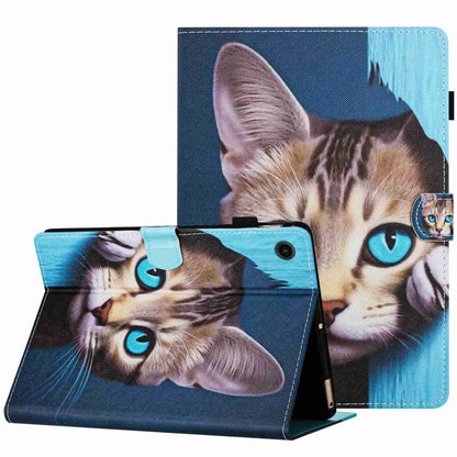 Smart leather tablet case with blue-eyed cat painted graphic, fold stand.