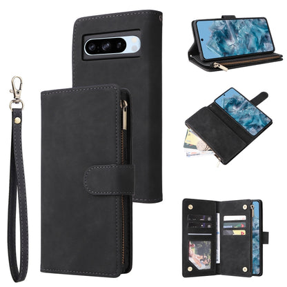 Black leather multi-card wallet phone case with wrist strap and card slots
