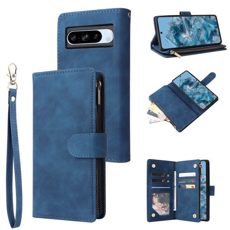 Blue leather multi-card wallet phone case with wrist strap and card slots