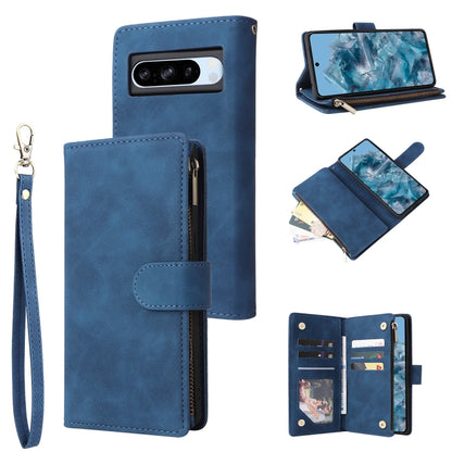 Blue leather multi-card wallet phone case with wrist strap and card slots