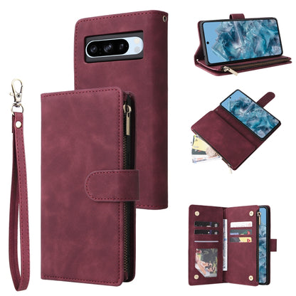 Wine red leather multi-card wallet phone case with wrist strap and card slots