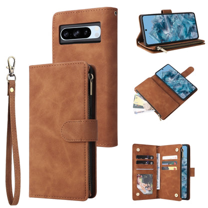 Coffee brown leather multi-card wallet phone case with wrist strap and card slots