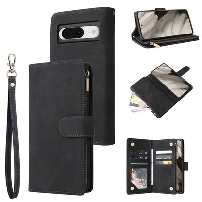Black leather phone wallet case with card slots and wrist strap, flip cover