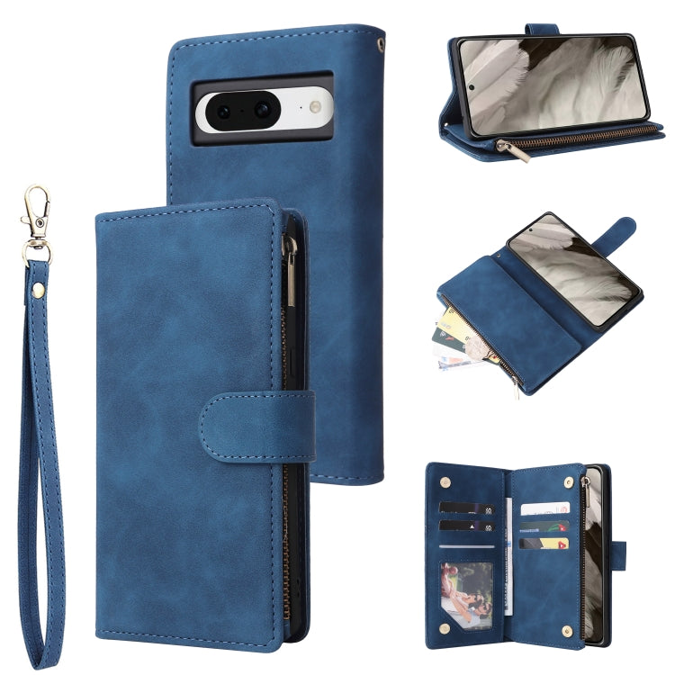 Blue leather phone wallet case with card slots, wrist strap, flip cover