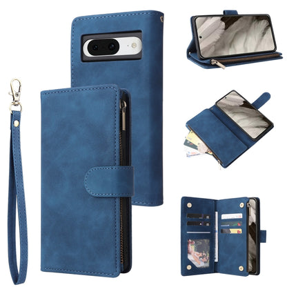 Blue leather phone wallet case with card slots, wrist strap, flip cover