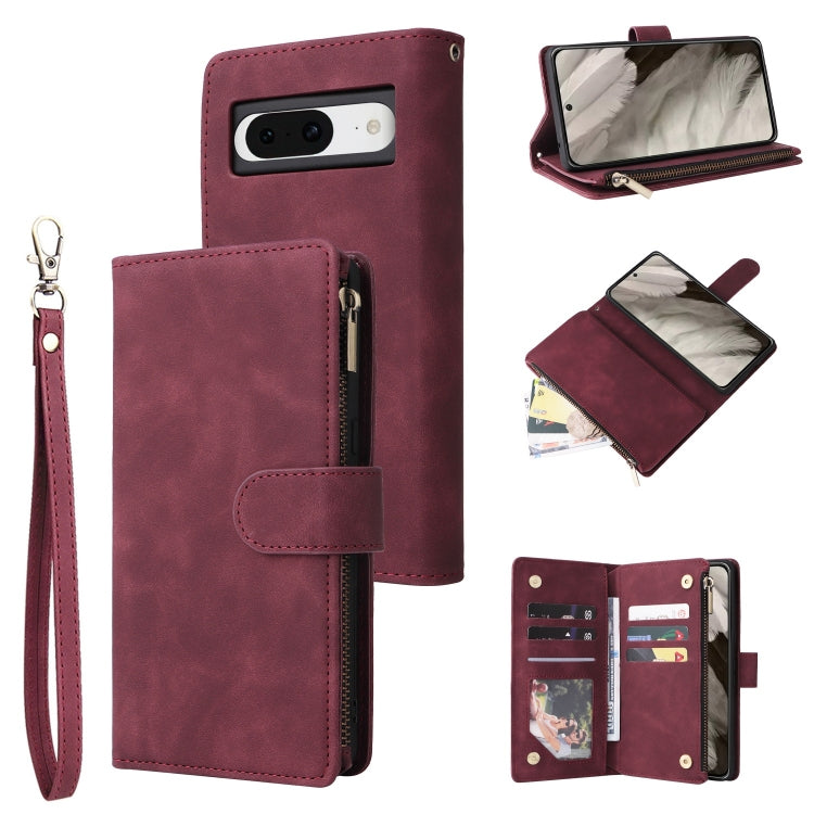 Wine red leather phone wallet case with card slots and wrist strap, flip cover