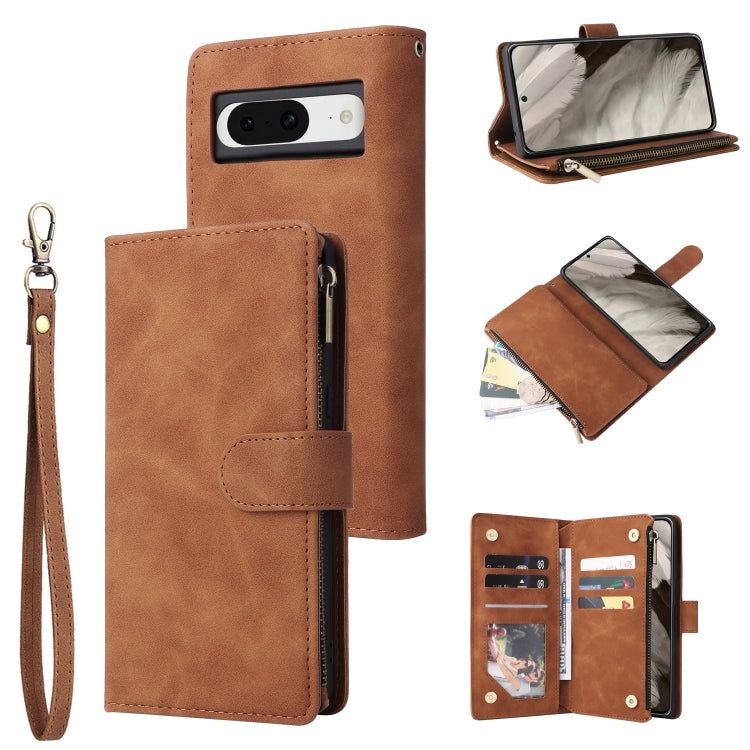 Brown leather phone wallet case with card slots, wrist strap, flip cover