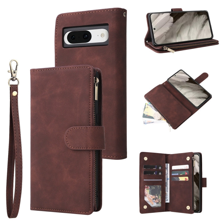 Wine-red leather phone wallet case with card slots, zipper pocket, and wrist strap