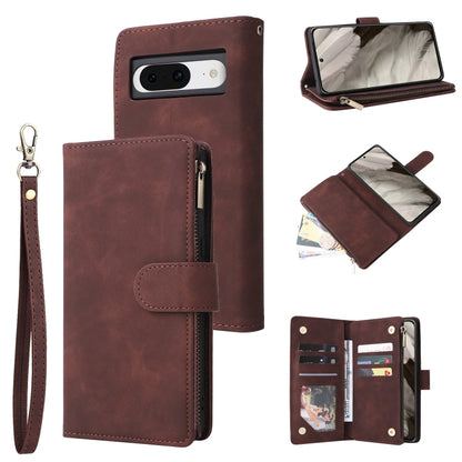 Wine-red leather phone wallet case with card slots, zipper pocket, and wrist strap