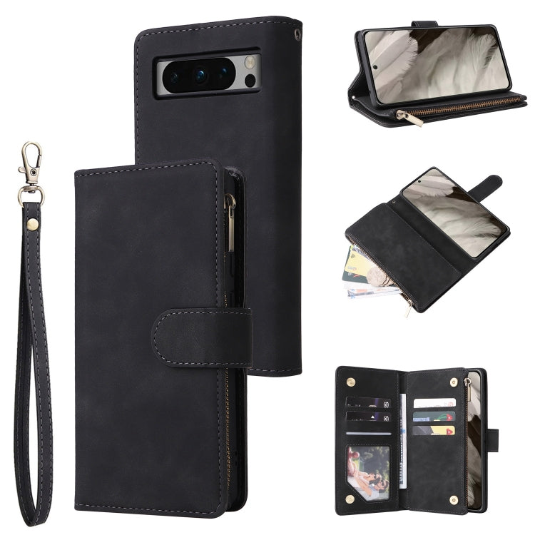 Black leather phone wallet case with card slots, wrist strap, flip cover
