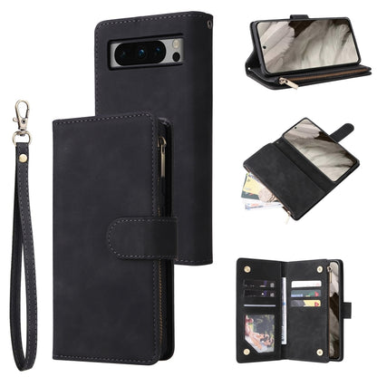 Black leather phone wallet case with card slots, wrist strap, flip cover