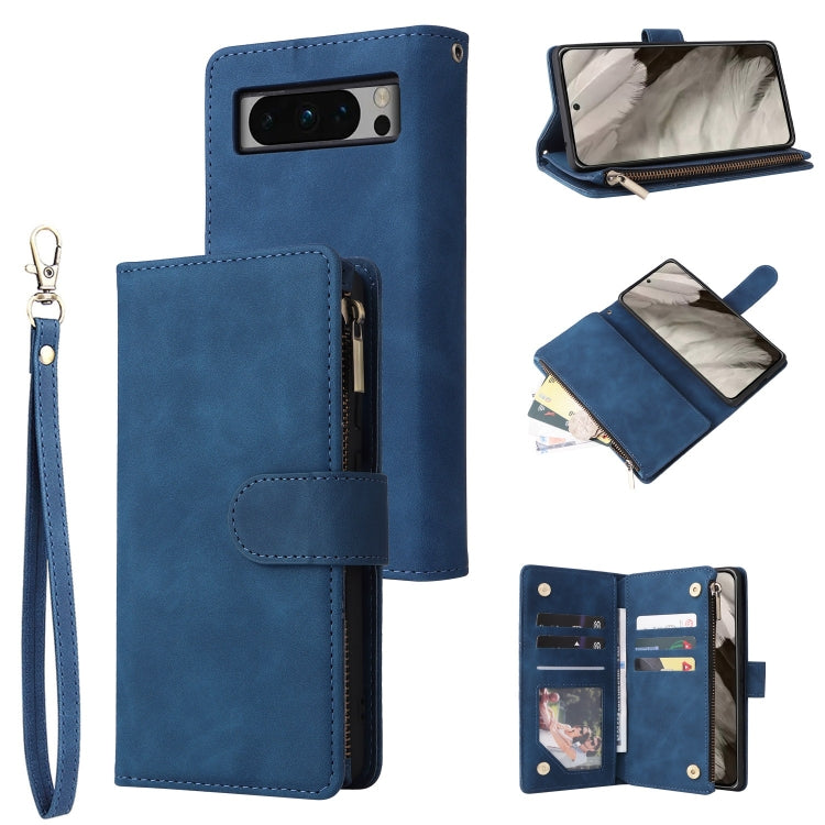 Blue leather phone wallet case with card slots, wrist strap, flip cover