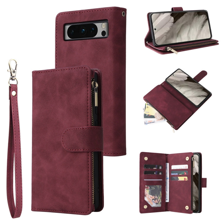 Wine red leather phone wallet case with card slots and wrist strap, flip cover