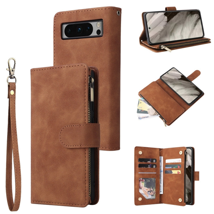 Brown leather phone wallet case with card slots and wrist strap, flip cover