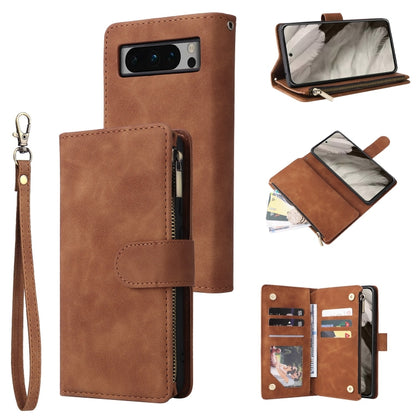Brown leather phone wallet case with card slots and wrist strap, flip cover